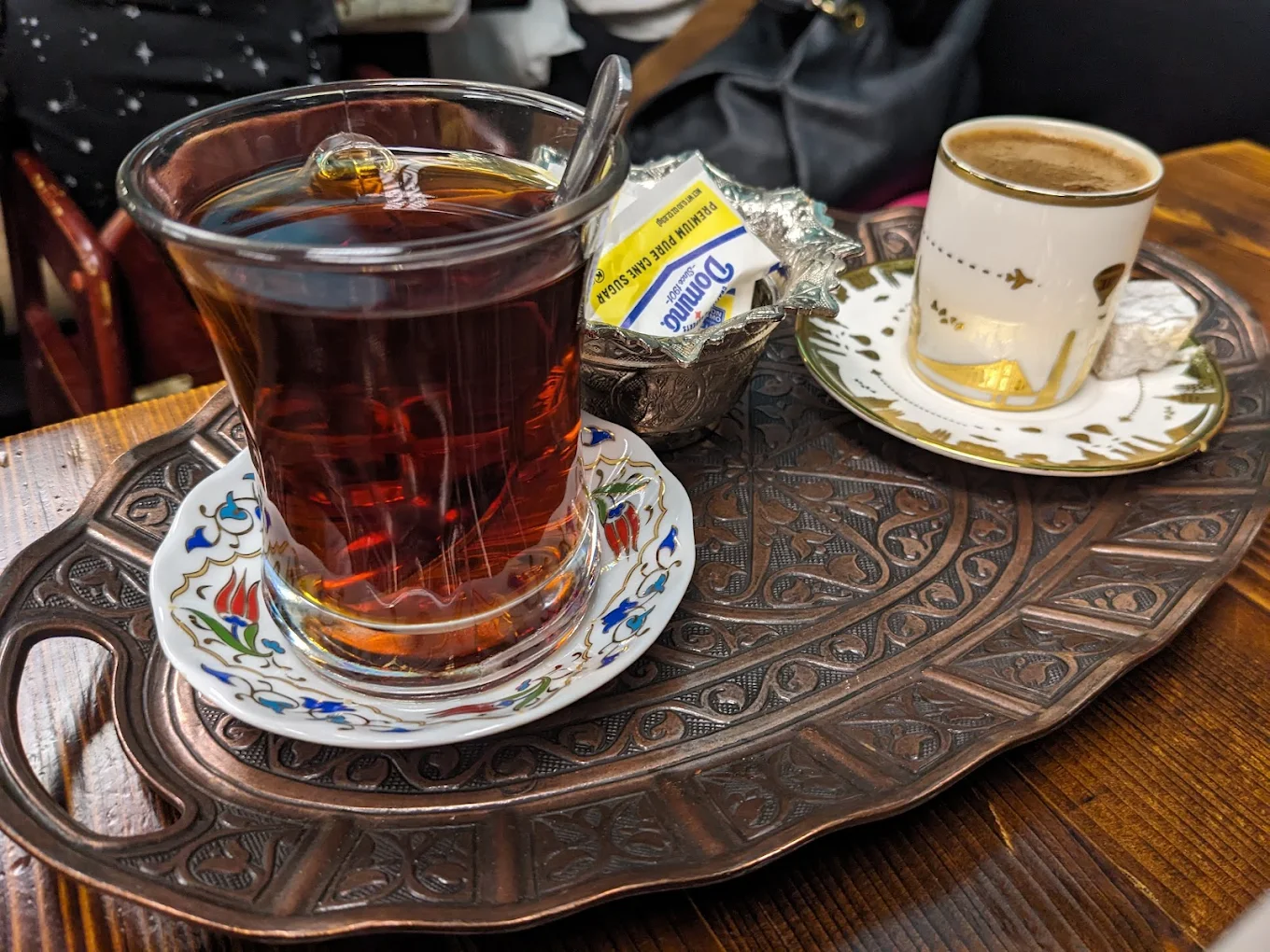 Turkish tea and Turkish coffee on an ornate copper tray